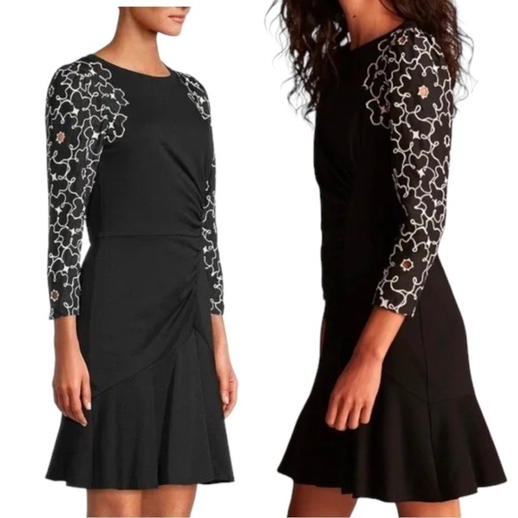 Rebecca Taylor Tai Silk Floral Embroidered Mini Dress With Lace Long Sleeve - Picture 3 of 10